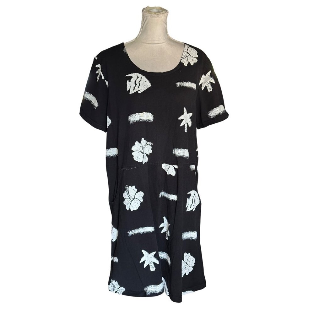 Vintage 90's Black with White Fish Print Stretchy Cotton Maxi Dress size Large